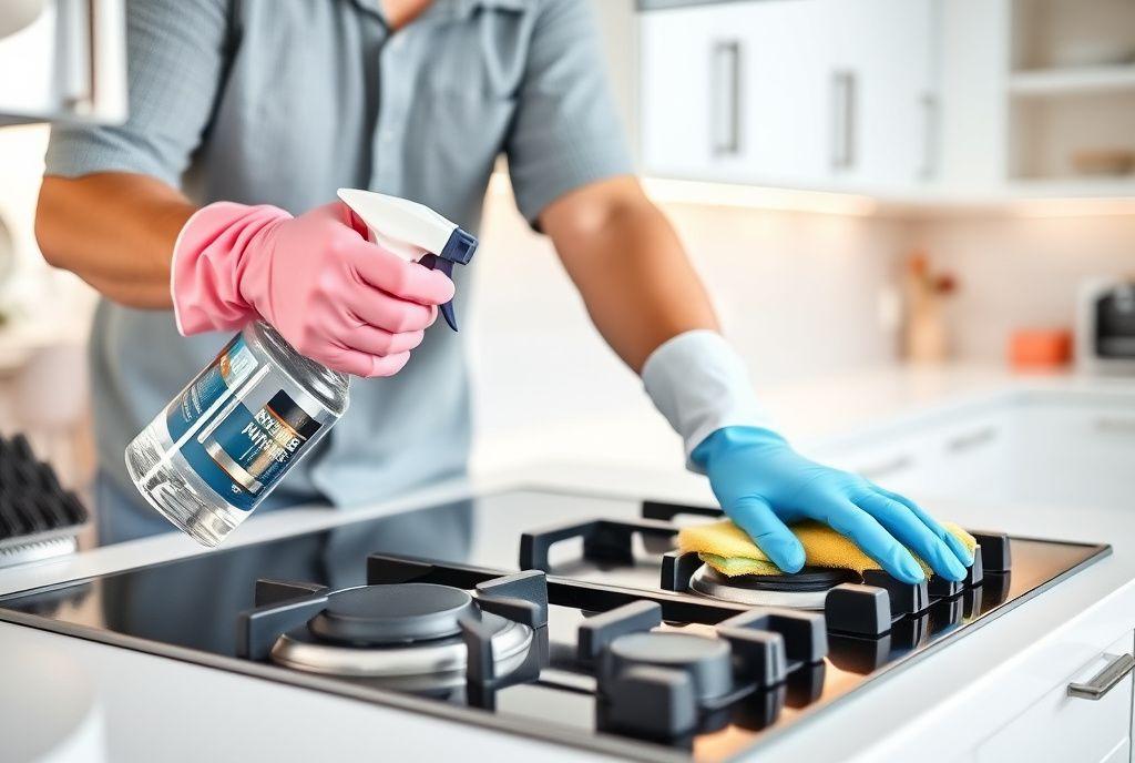 Professional cleaner deep scrubbing a kitchen