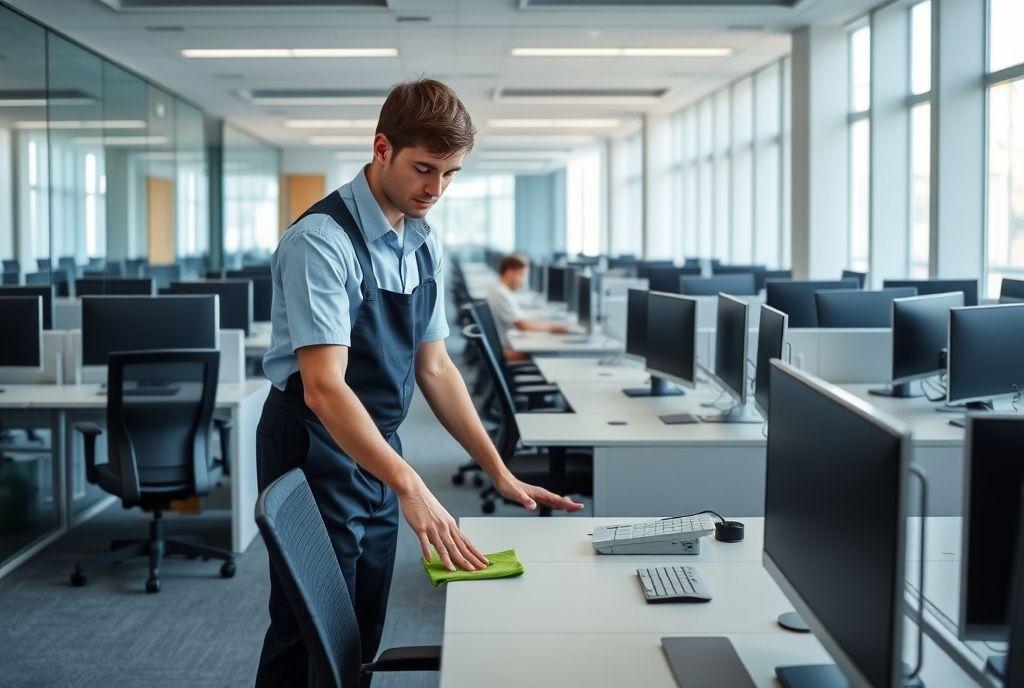 Commercial cleaner wiping desks in a modern office