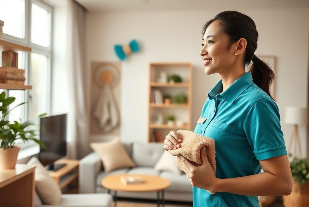 Housekeeper doing routine cleaning in a bright apartment