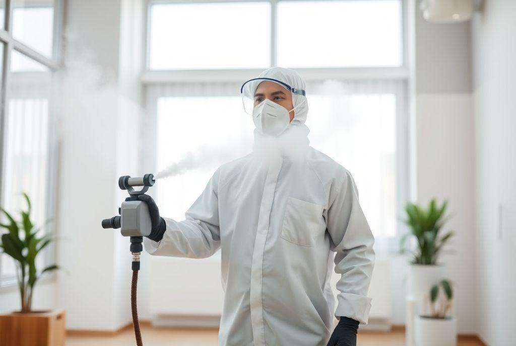 Specialist disinfecting a room with fogging equipment