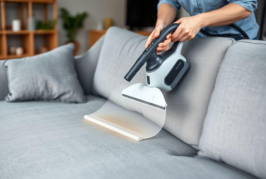 Technician steam cleaning a fabric sofa